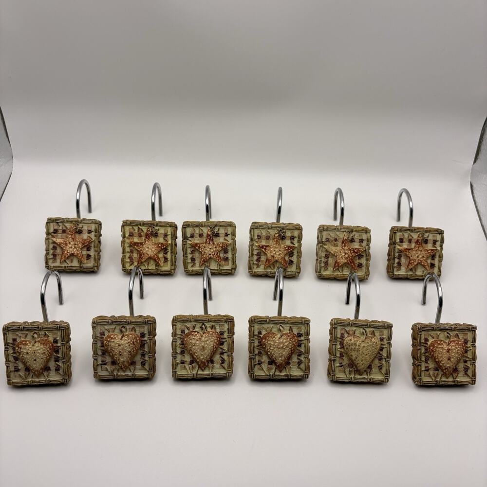 VINTAGE QUILTED HEARTS & STARS SHOWER CURTAIN HOOKS SET OF 12